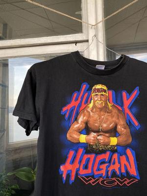 Hulk Hogan Manga Curta Preta Reimpressão Unissex P-4GG Estilo Vintage Camiseta Unissex