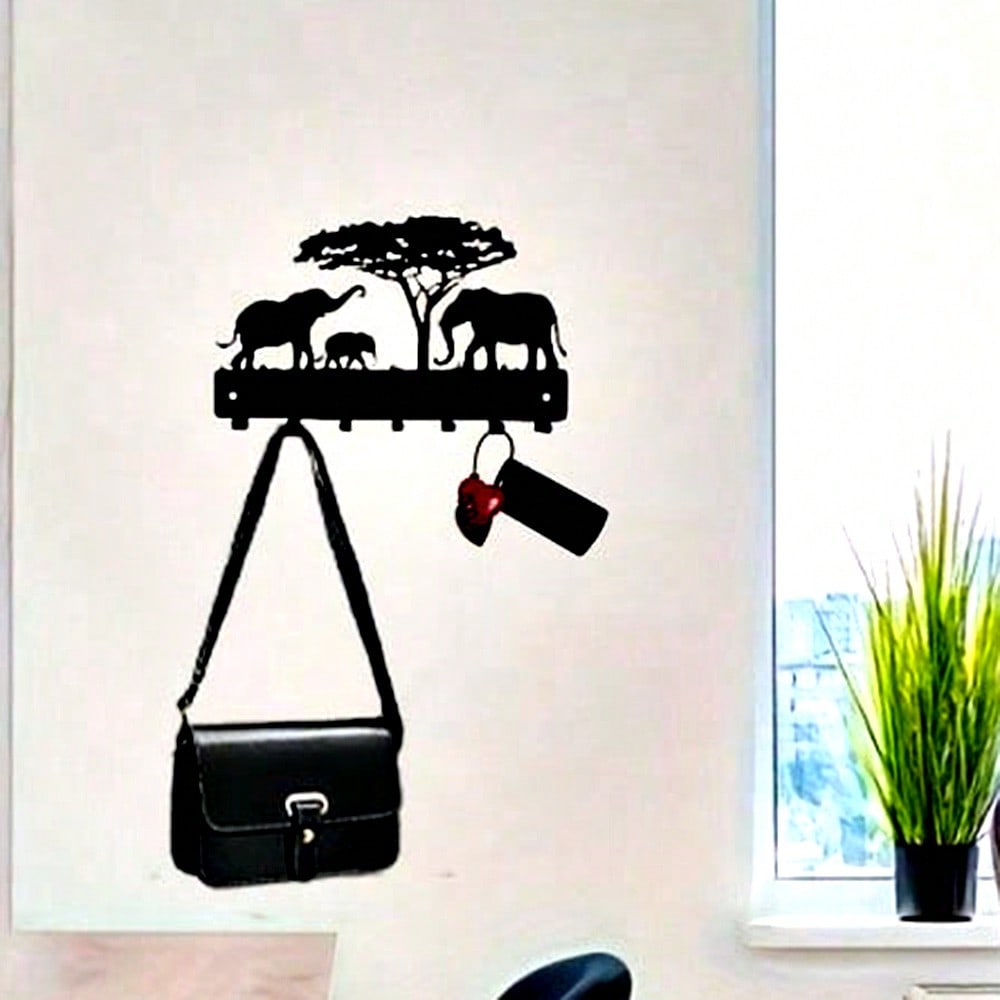 

Metal Wall Shelf Elephant Design Home Decor Storage Hooks Key Holder Handcrafted Iron Art 27x13 чорний