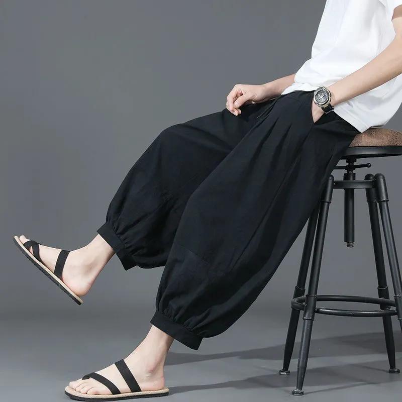 Plus Size Summer Cotton Linen Shorts Men Baggy Wide Leg Casual Capris Pants Male Sport Running Shorts Oversize Chinese Loose Straight Linen Pants