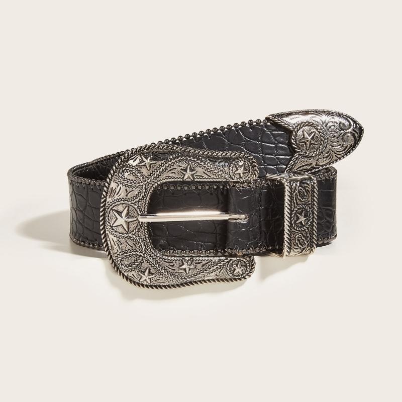 Relief Star Pattern Buckle Belts Woman Western Y2k Girls Belt for Jeans Men