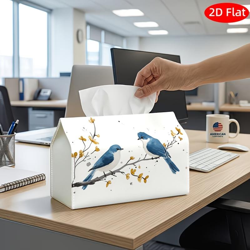 2D Flat, 1pc Tissue Box, Printed on Both Sides, Tissue Box with Checkered Lid Two Blue Birds on Branch with White Flowers Design, Durable Fabric Multi