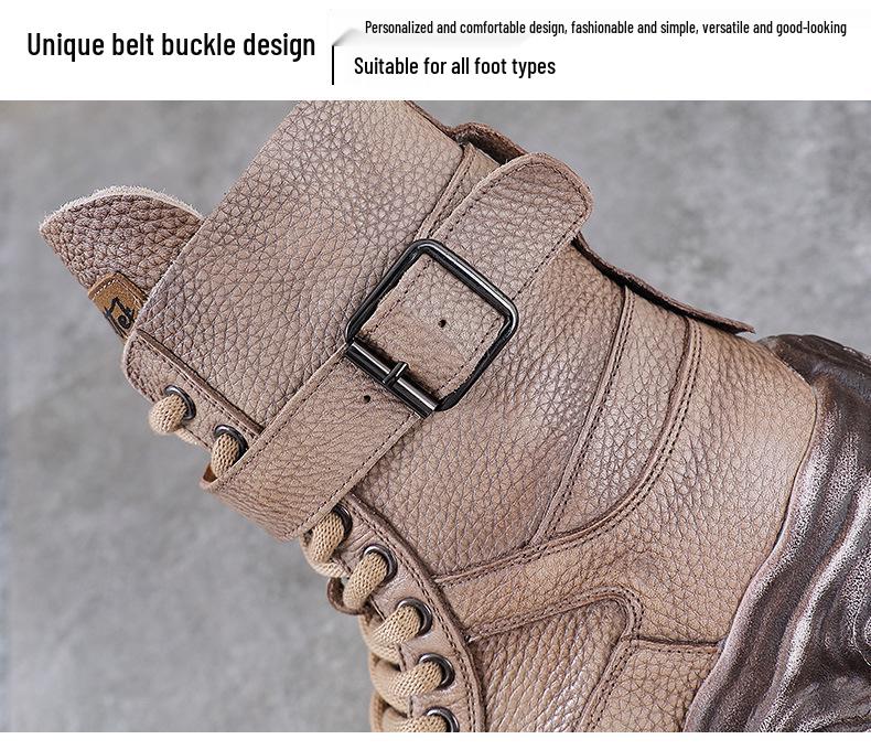 Damen Vintage Leder Motorrad Stiefeletten - Dicke Sohle, Martin Stil, Herbst/Winter Kollektion, Plus Baumwollfutter.