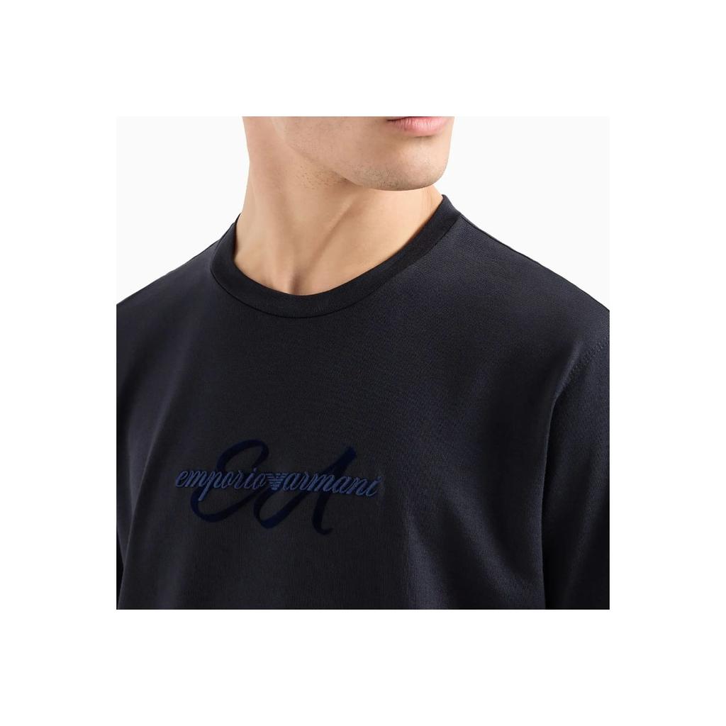 Emporio Armani FW24 Letter Logo Embroidered Crew Neck Short Sleeve T-Shirt Men Tops Navy-Blue 6D1TQ8-1JOCZ-0920