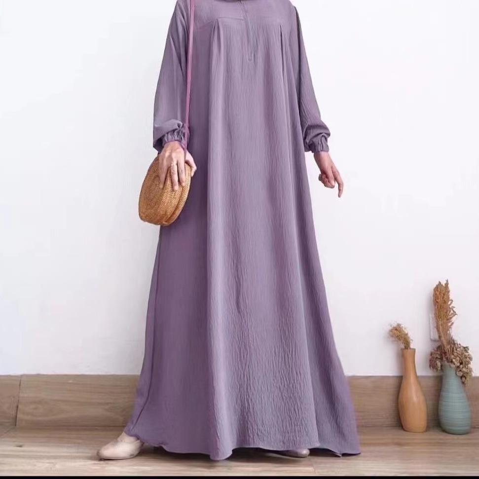 2024 Middle East Muslim Women's Puff Sleeve Dress with Zipper Placket and Elastic Cuffs