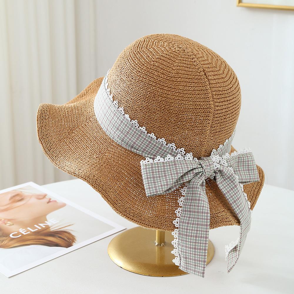 

Summer Sun Hat Women s Wave-edge Fisherman Hat Breathable Knitted Wide Brim With Dot Bow Ribbon Beach Accessories For Outdoor хаки