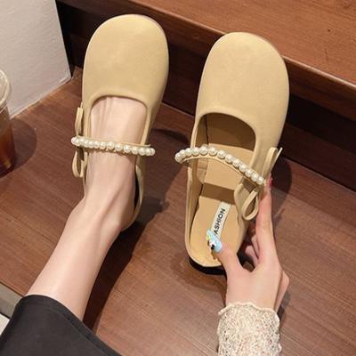 Baotou Halbschuhe Damen Oberbekleidung 2025 Frühling neu modisch vielseitig Perlen Schleife flache Sohle Französische coole Hausschuhe
