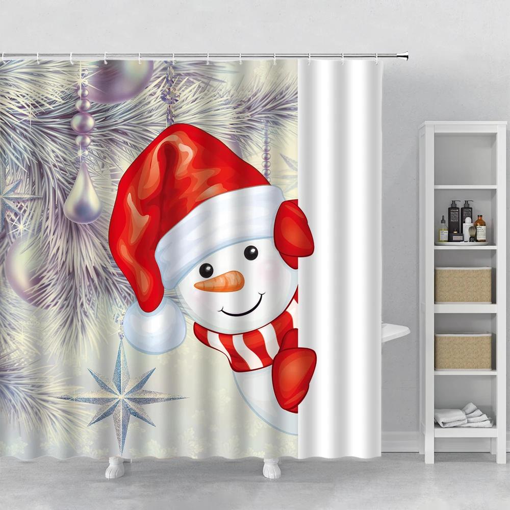 Happy Snowman Christmas Shower Curtain Snowflake Santa Claus New Year Gift Bathroom Waterproof Bath Curtain Home Decor With Hook