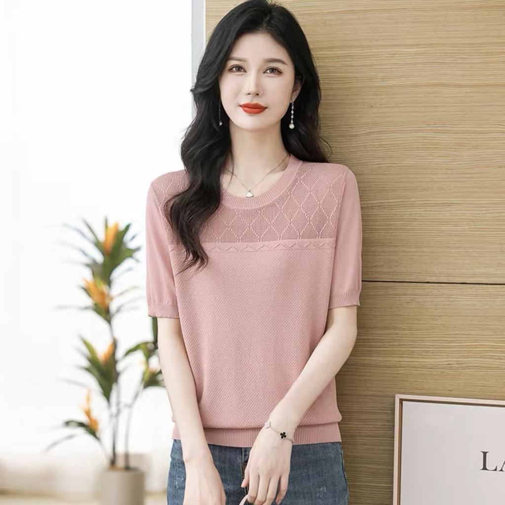 Summer Solid Color Hollow Out Casual T-shirt T-shirt Women's Clothing All-match Female Half Sleeve Pullovers Tops