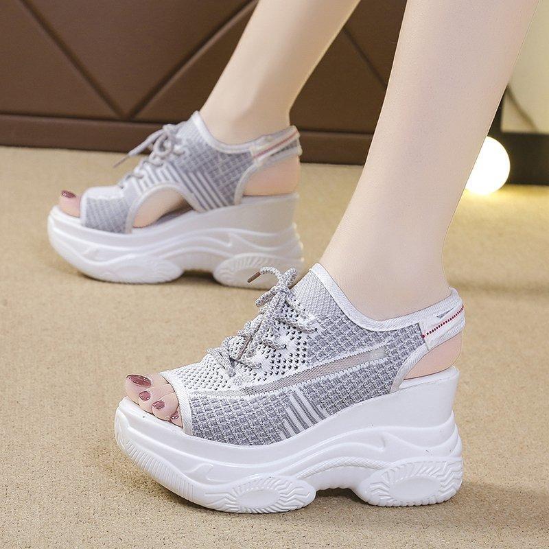 White Women Platform Sandals 2024 Summer New Knitted Fish Mouth Shoes High Heels Chunky Platform Sports Sandals Female Sneakers