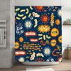 Modern Bathroom Shower Curtain featuring Microbes Pattern Blue Backdrop with Red, Yellow White Stripes Decorative Waterproof F