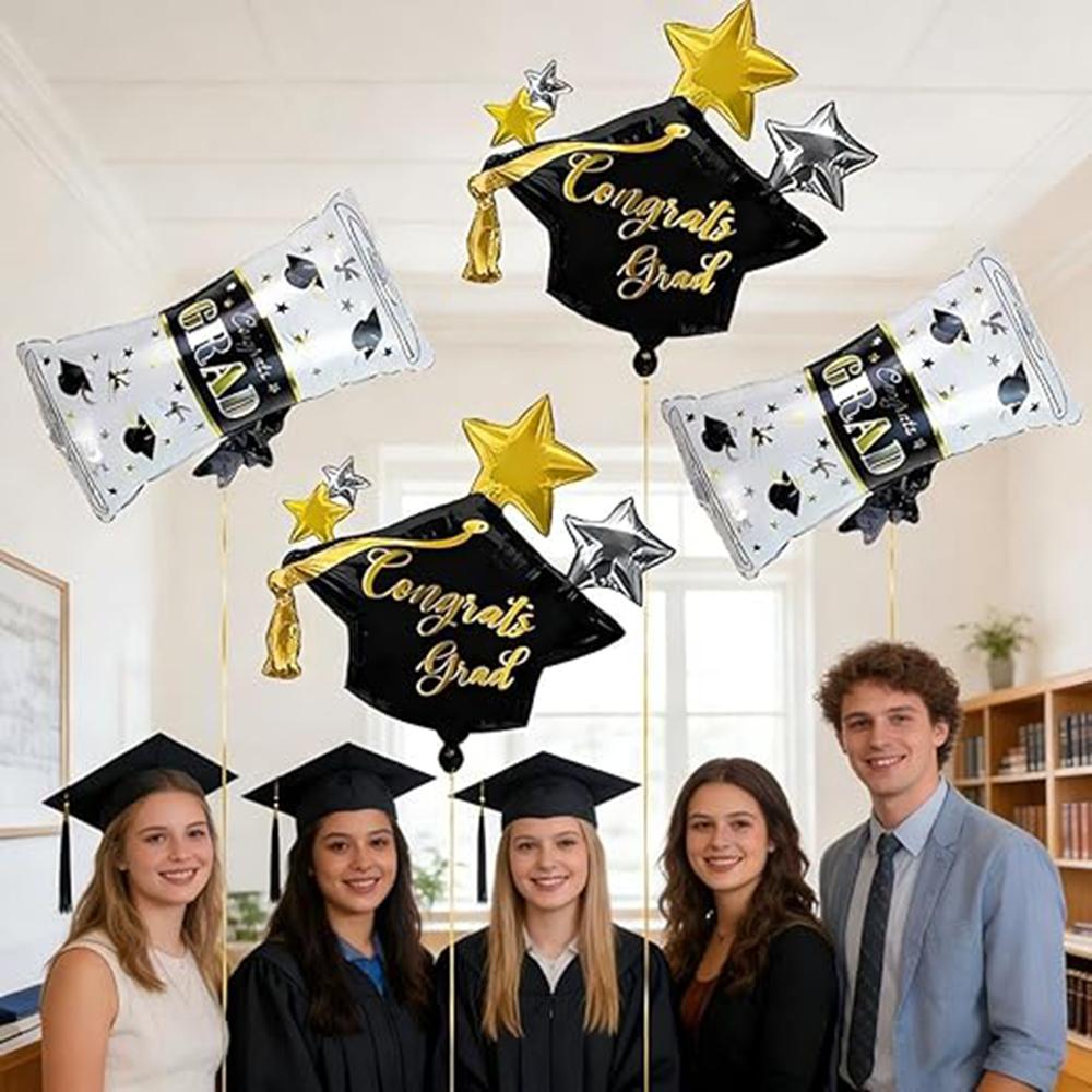 Black Gold Graduation Balloons Set, 6Pcs Aluminum Foil Balloons with Grad Cap & Diploma Designs, Graduation Party Supplies for a