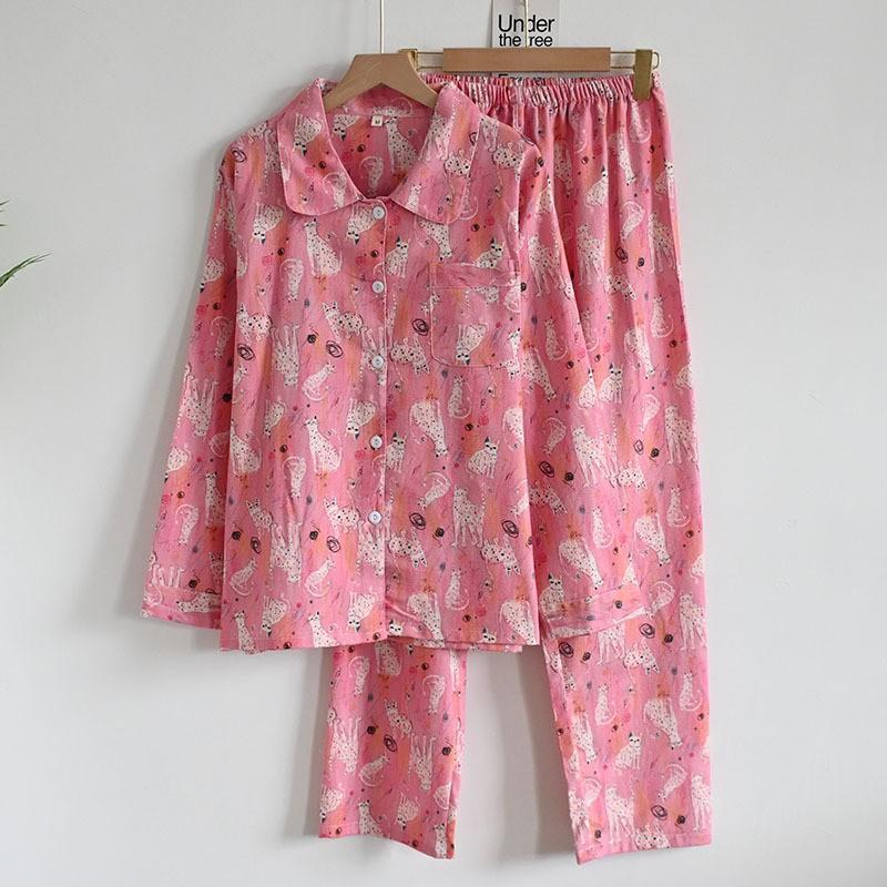 Womens Cotton Pajama Set Long Sleeve Button-Up Top With Pants Cartoon Print Comfortable Home Wear Fall Winter