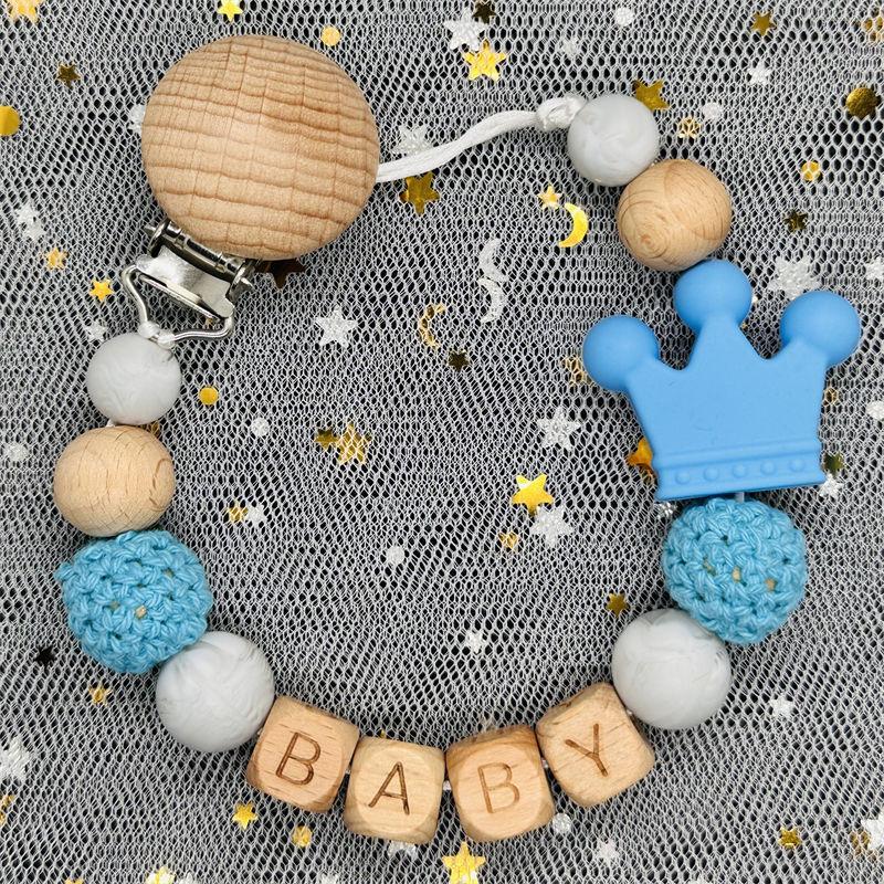 Individueller Personalisierter Name Handgefertigt Buchenholz Schnullerclip Halter Kette Silikon Krone Perle Beißring Baby Zahnen Geschenk