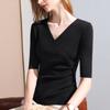 Bottom Shirt Women's Spring and Autumn New Women's Clothing Medium-sleeved Wool Sweater Design Sense Cross V-neck Waist Top