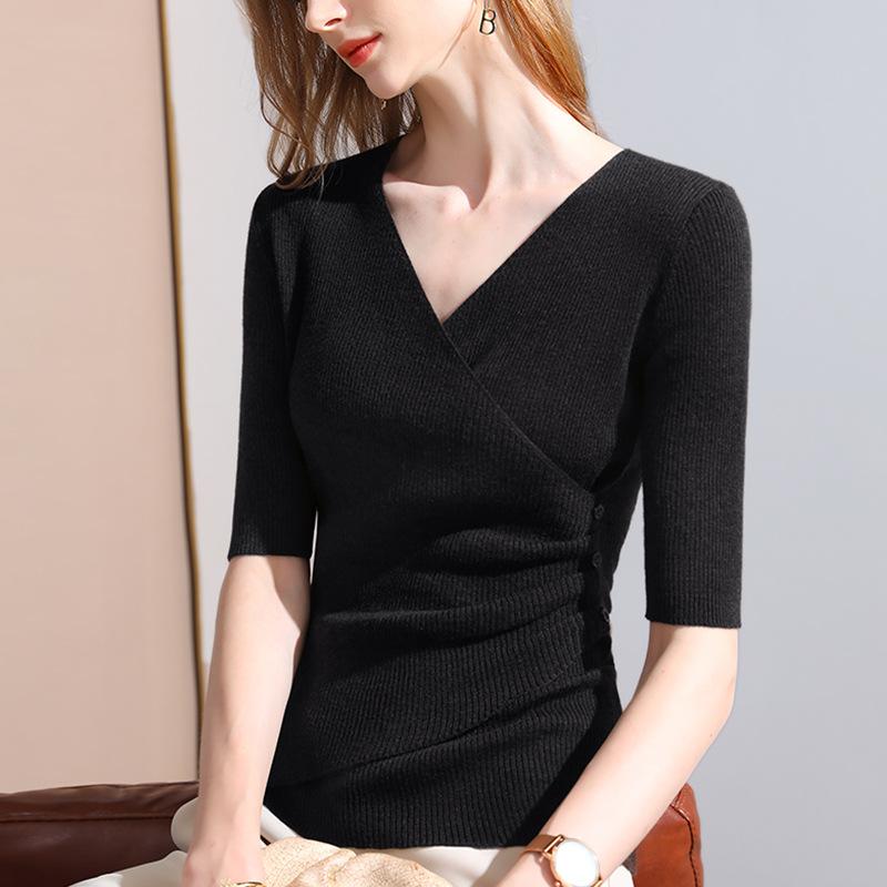 Bottom Shirt Women's Spring and Autumn New Women's Clothing Medium-sleeved Wool Sweater Design Sense Cross V-neck Waist Top