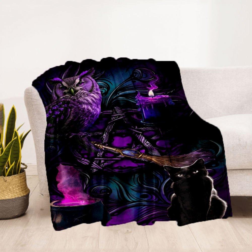 "Enchanted Purple Owl & Black Cat Witch Decor"Blanket Flannel Throw Blanket for Sofa, Bed, Travel, Camping, Office
