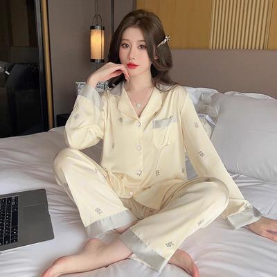 Ladies 2 Sets of Ice Silk Pajamas Homewear Women Spring New Summer Long-Sleeved Casual Cardigan Sweet and Lovely Homewear