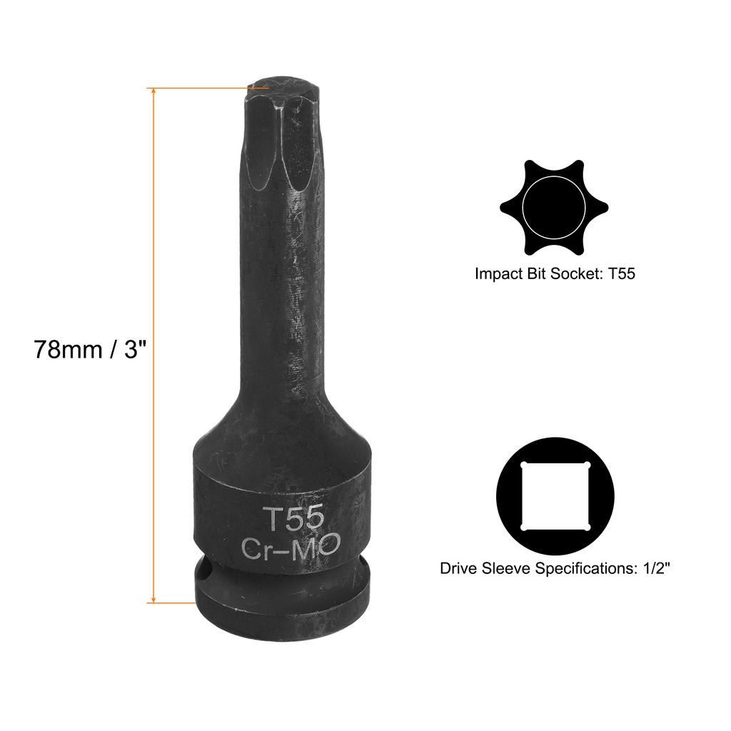 T20-T100 Torx Bit Socket 1/2" Drive 6 Point Torx Star Screwdriver Socket Adapter CR-MO Steel Lengthen Impact Bit Sockets
