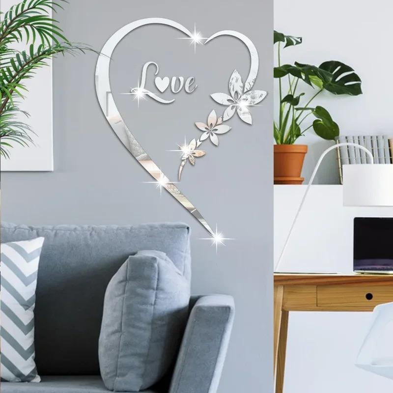 Self-Adhesive 3D Heart-Shaped Mirror Wall Decal Acrylic Heart-Shaped Reflective Sticker Living Room Background Decorative Decal