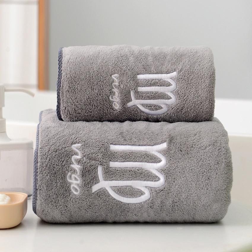 Ensemble de 2 serviettes douces 12 constellations Lettres Brodé Serviettes Visage Bain Grande Forte Absorption d'Eau pour Adulte 1pc 35x75-1pc 70x140