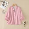 ZANZEA Women Commute Casual V-Neck Stripe Print Loose 3/4 Sleeve Blouse