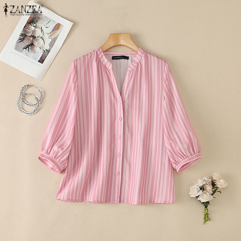 ZANZEA Women Commute Casual V-Neck Stripe Print Loose 3/4 Sleeve Blouse