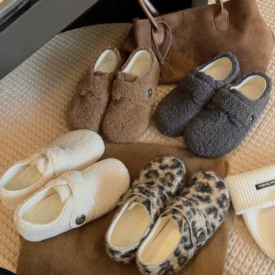 Grape Home~ Thick Sole and Thick Velvet Increase Cm~ Super Warm Fluffy Buttons with Velvet Leopard Print Women's Warm Shoes Women