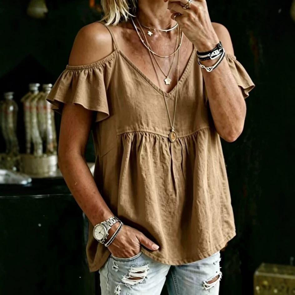 Women Casual Loose Off Shoulder V Neck Ruffle Short Sleeve T Shirt