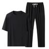 2Pcs/Kit Men Summer Leisure Outfit O-neck Short Sleeve T-shirt Elastic Drawstring Waist Wide Leg Long Pants Kit One Tone Casua