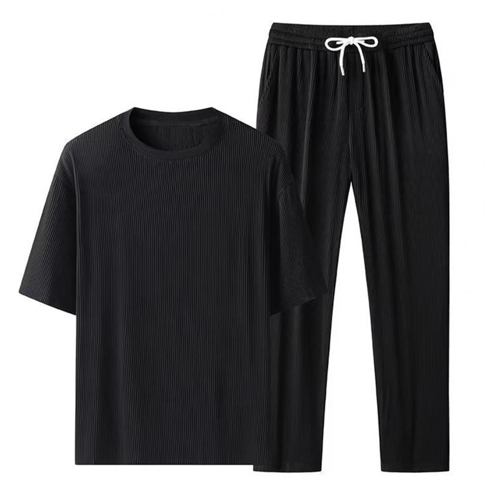 2Pcs/Kit Men Summer Leisure Outfit O-neck Short Sleeve T-shirt Elastic Drawstring Waist Wide Leg Long Pants Kit One Tone Casua