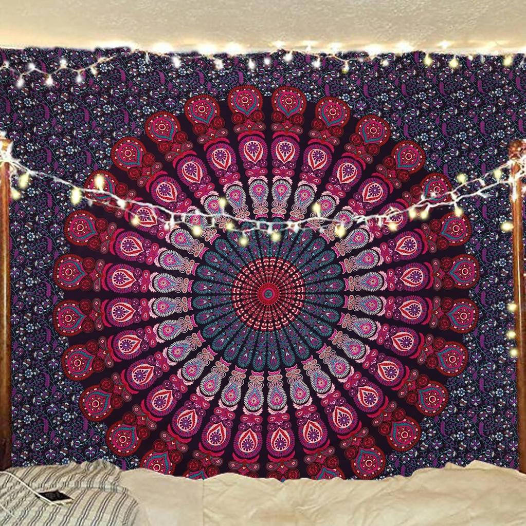 Bless International Indian hippie Bohemian Psychedelic Peacock Mandala Wall hanging Bedding Tapestry (Purple Pink, 228.60L X 213.36W cm)