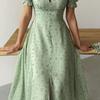 Summer Elegant Floral Printed V-neck Long Dress Women Office-lady Lantern Sleeve Dress With Button Fashion Slim Robe Femme 26226