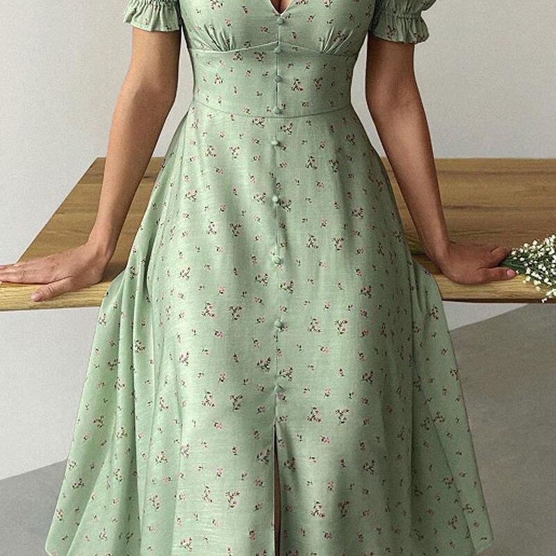 Summer Elegant Floral Printed V-neck Long Dress Women Office-lady Lantern Sleeve Dress With Button Fashion Slim Robe Femme 26226