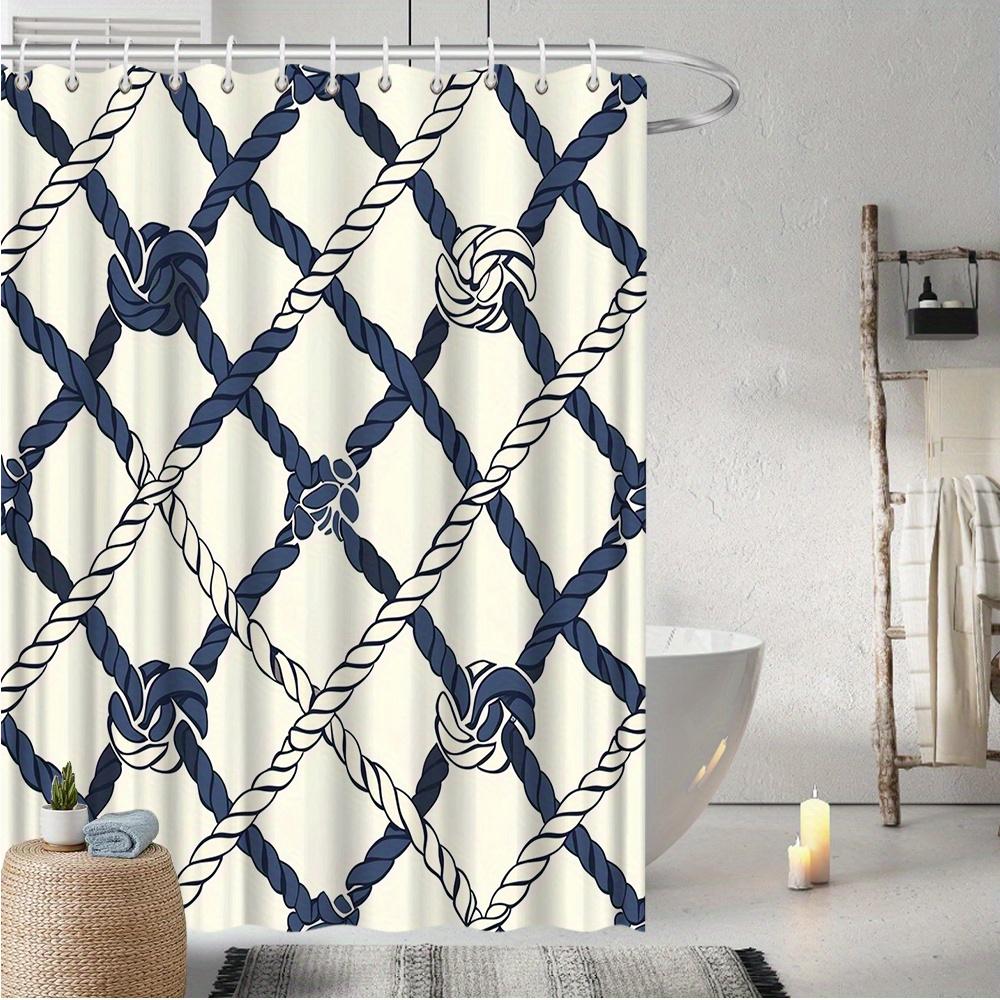 

1pc Nautical Rope Shower Curtain, Dark Blue & White Diamond Grid on Cream, Polyester, 12 Hooks,Stylish Bathroom Decor 90X180cm