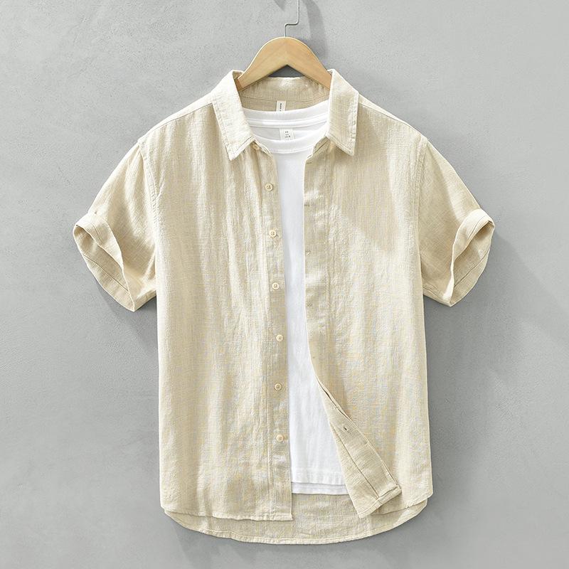 Summer Cotton Linen Short Sleeve Retro Casual Shirt with Turn-Down Collar