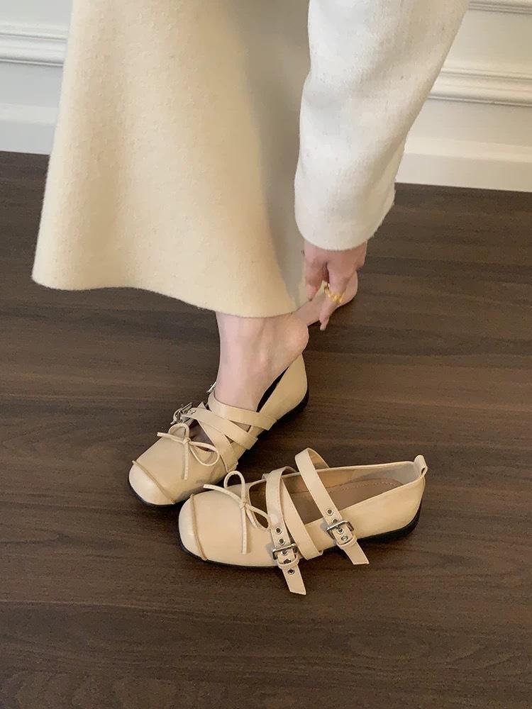 

Retro niche design shallow single shoes women s 2025 new versatile skirt ballet cross belt Mary Jane shoes 35 абрикосовый