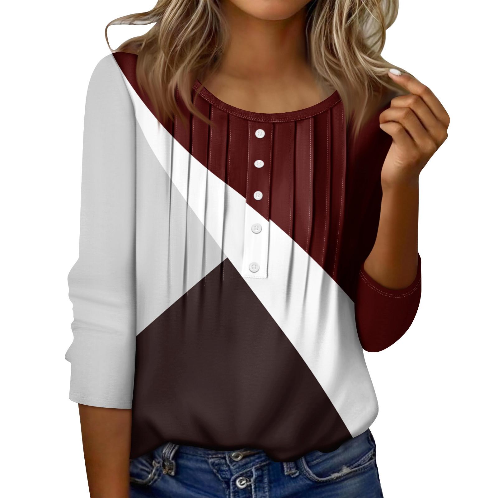 

Женский топ с круглым вырезом, декоративными пуговицами и полосками, повседневная футболка однотонного цвета с рукавом 3/4 M