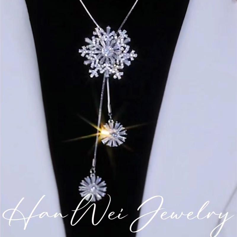 

Platinum Rotating Snowflake Necklace: Elegant Long Sweater Chain for Women