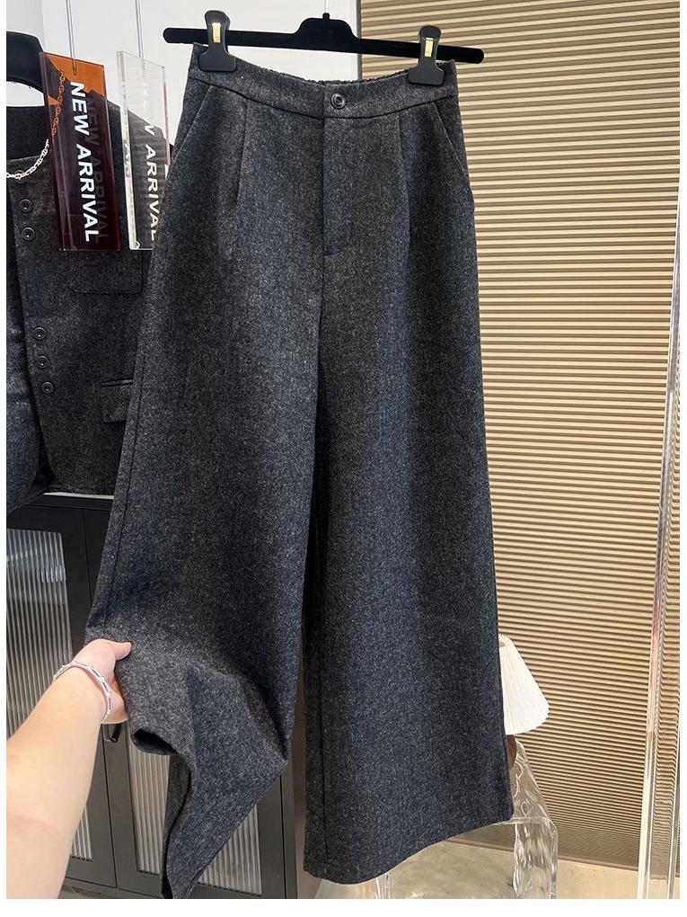 Women's Sleeveless Wool Fashion Suit: Single-Breasted Vest with Semi-Elastic Waist and Casual Wide-Leg Pants