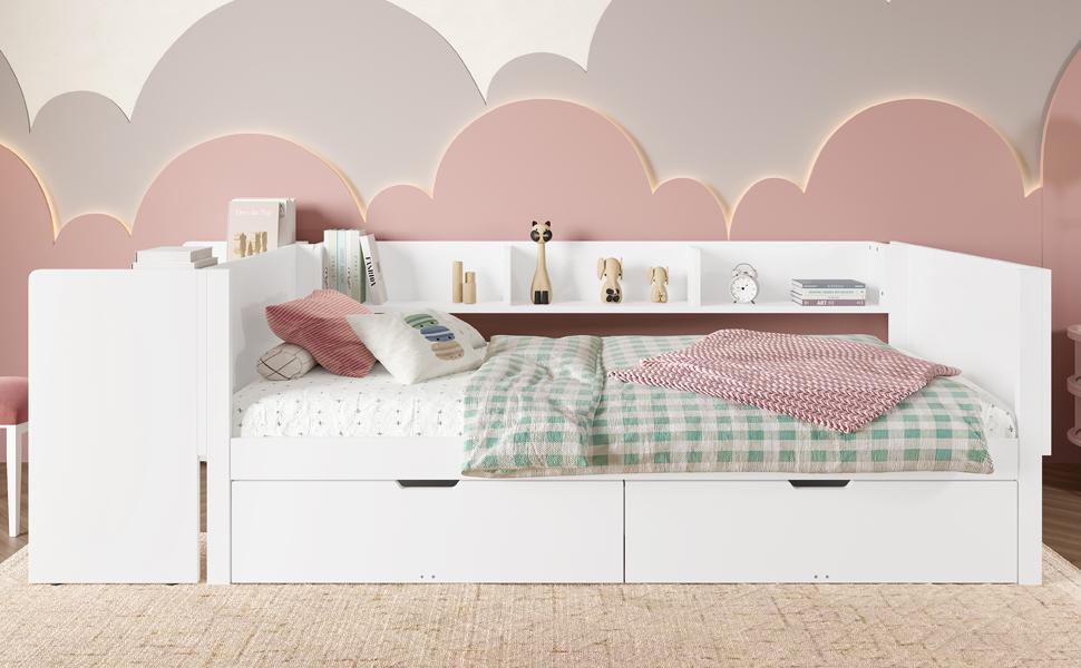 Low Bed, Wooden Bed, 90x200cm, with Desk, Equipped with 2 Drawers, Single Bed(Without Mattress), with Shelves, Pine+Chipboard, white