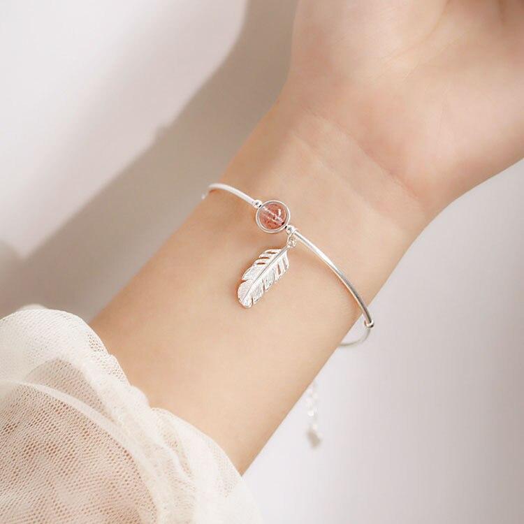 925 Sterling Silver Strawberry Crystal Bead Bangle Bracelet  Sweet Feather Pendant Bracelet Women Jewelry S-B374