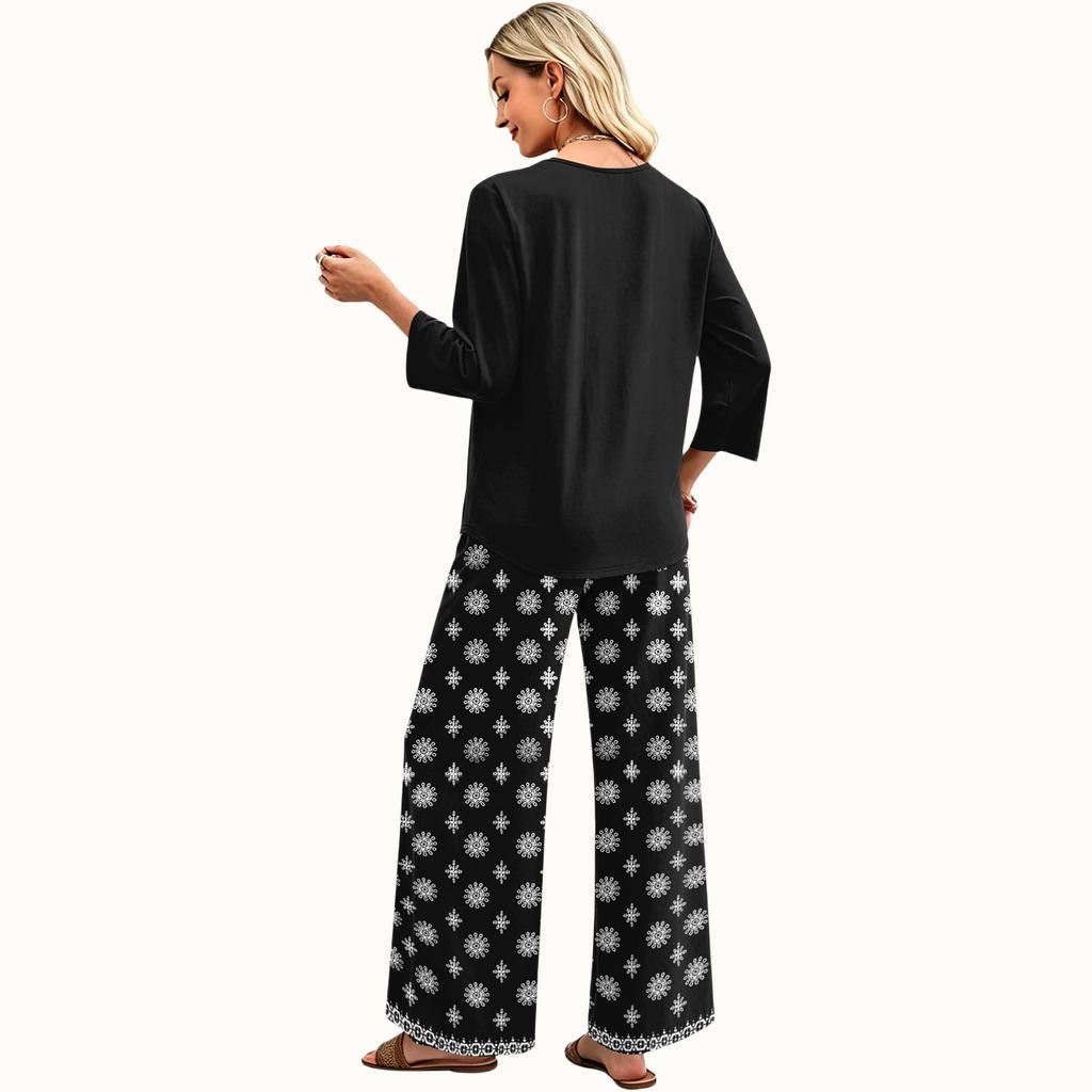 Women's Casual Fashion Round Neck Loose Fit Printed Three Quarter Sleeve Top with Wide Leg Pants Set Comfortable Lounge Wear