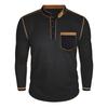 American Retro Men's Long-Sleeved Henry Collar T-Shirt Foreign Autumn and Winter Patchwork Waffle Tshirt Casual Tops