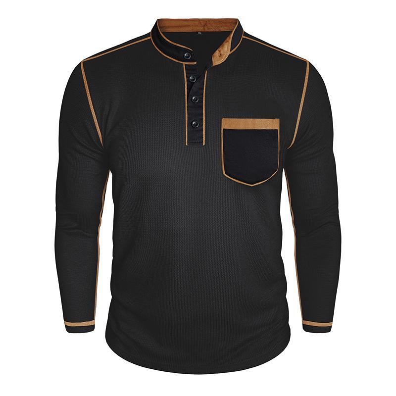 American Retro Men's Long-Sleeved Henry Collar T-Shirt Foreign Autumn and Winter Patchwork Waffle Tshirt Casual Tops