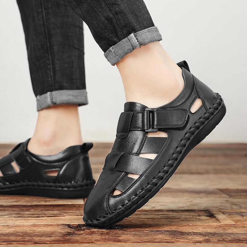 Fashion Handmade Sewing Mens Casual Shoes High Street Hollow Out Genuine Leather Gladiator Sandals Summer Platform Beach Shoes Male