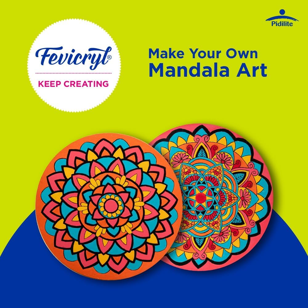 Fevicryl DIY Art of India Mandala Art Kit Acrylic Paints 6 Shades 2 Round Brushes 3 MDF Boards Guided Beginner Art Set