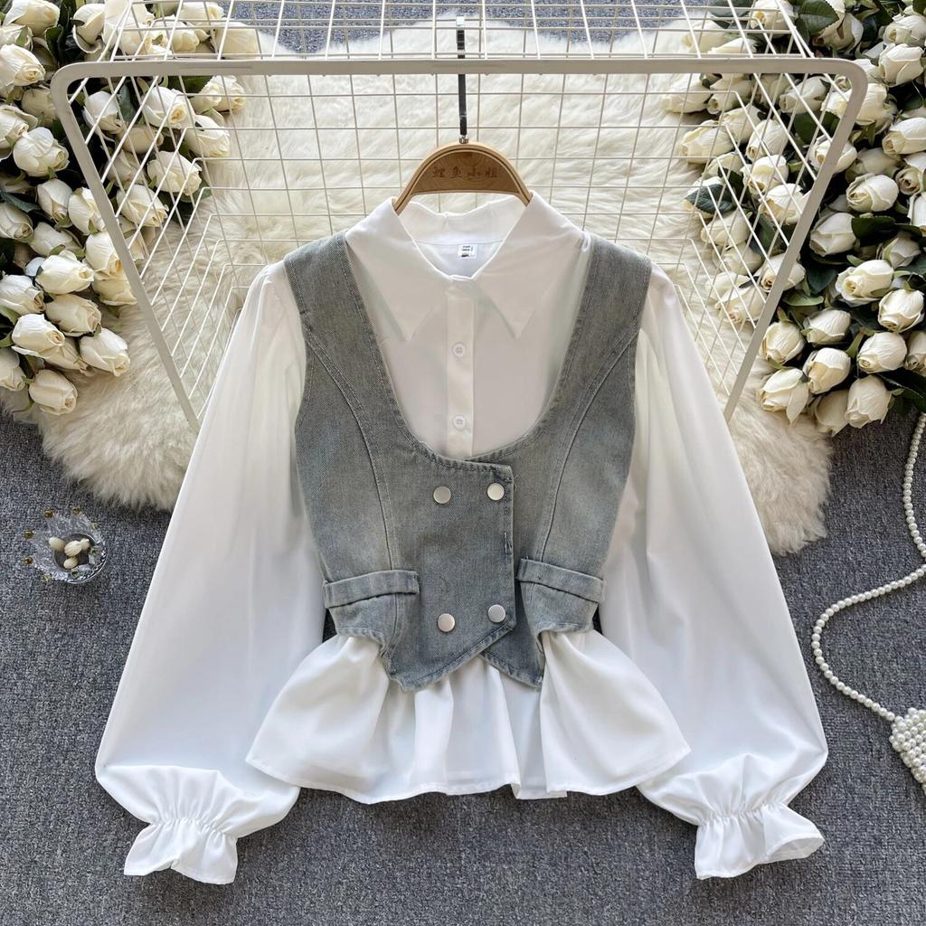 Colete Jeans Retro Chic de Hong Kong Colete Moda Empilhada Versátil Camisas de Manga Curta Bufante Conjunto de Duas Peças Top