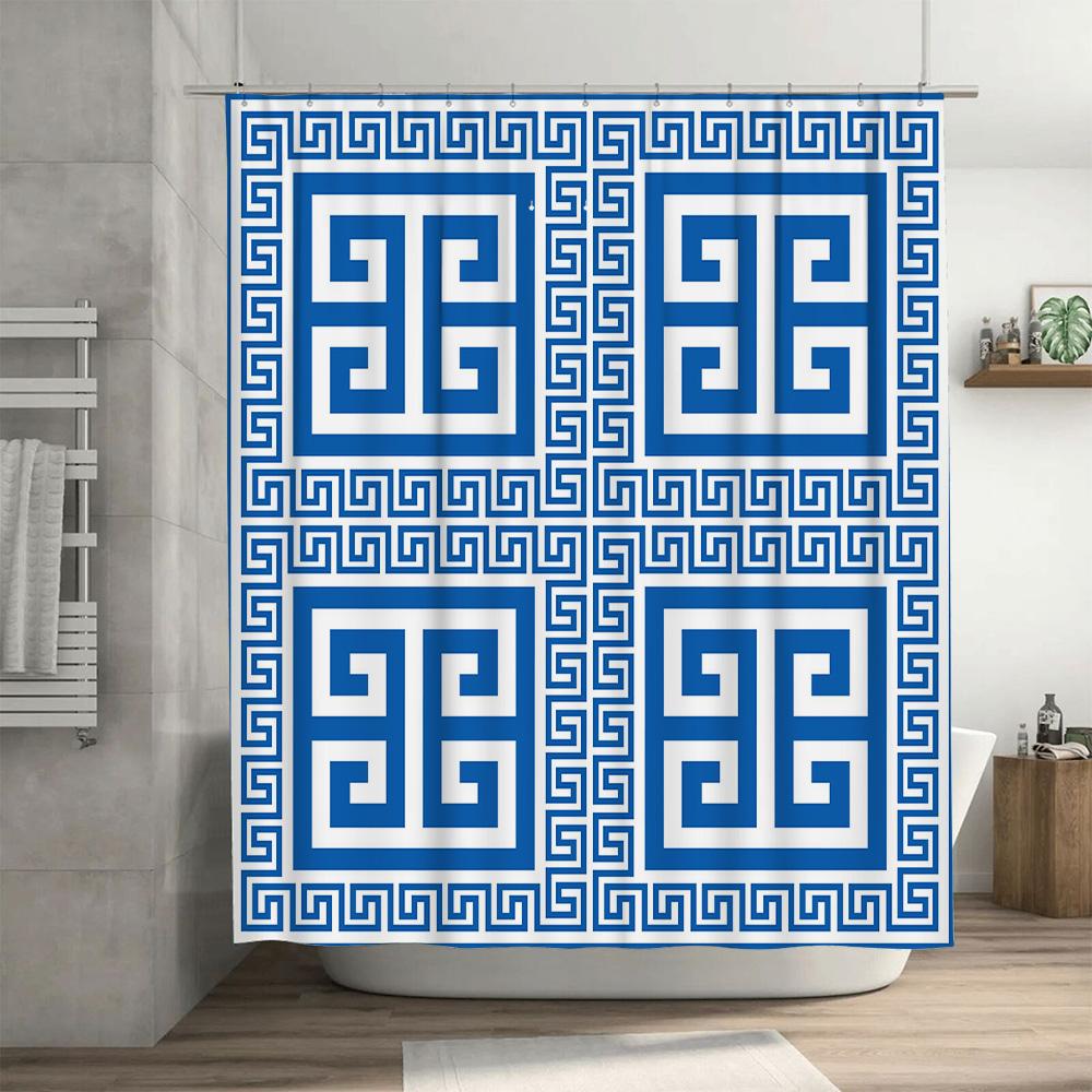 Modern Bathroom Shower Curtain Made Of Polyester Fabric With Blue Geometric Patterns For Waterproof Protection In The Bathtub Ar