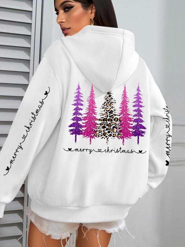 Women's Festive Leopard Print Tree Hoodie with Pockets