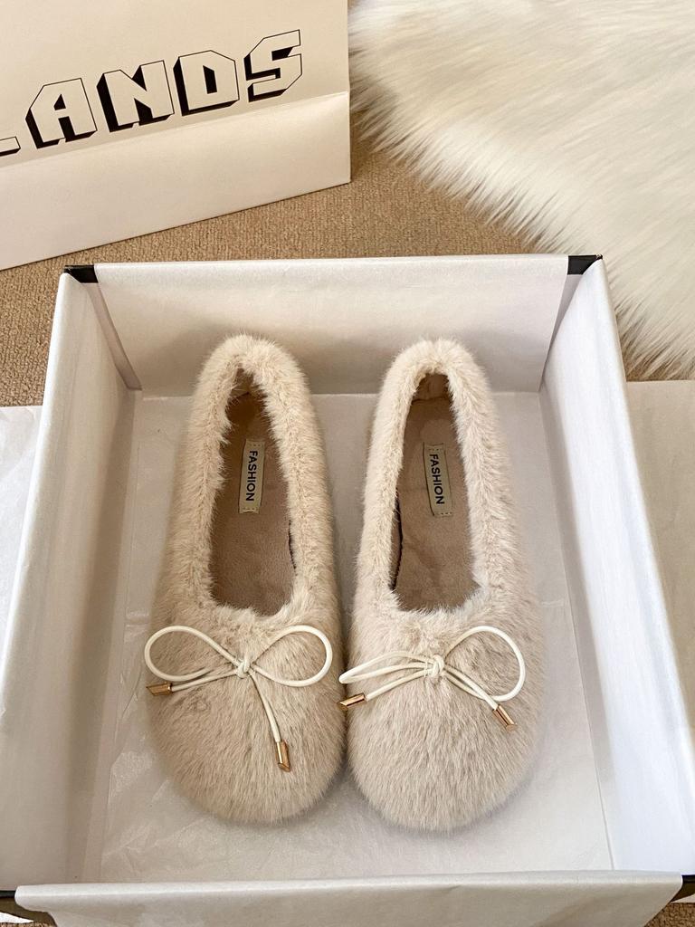 Gentle Fairy Wind Fluffy Shoes Female Outer Wear 2025 Autumn and Winter New Korean Version Cotton Shoes Flat-bottomed Velvet Doudou Shoes